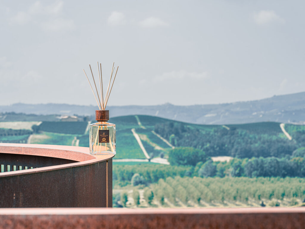 Diffusore di profumo Bianco d'Alba di Euthalia Fragrances posizionato su un tavolo di fronte a un paesaggio collinare verdeggiante, con un libro aperto accanto. Design elegante in vetro trasparente e tappi in legno, simbolo di lusso e artigianalità. Perfetto per evocare atmosfere raffinate e naturali, arricchite da note olfattive ispirate alle colline del Piemonte. Tartufo Bianco Profumo. White Truffle Perfume.